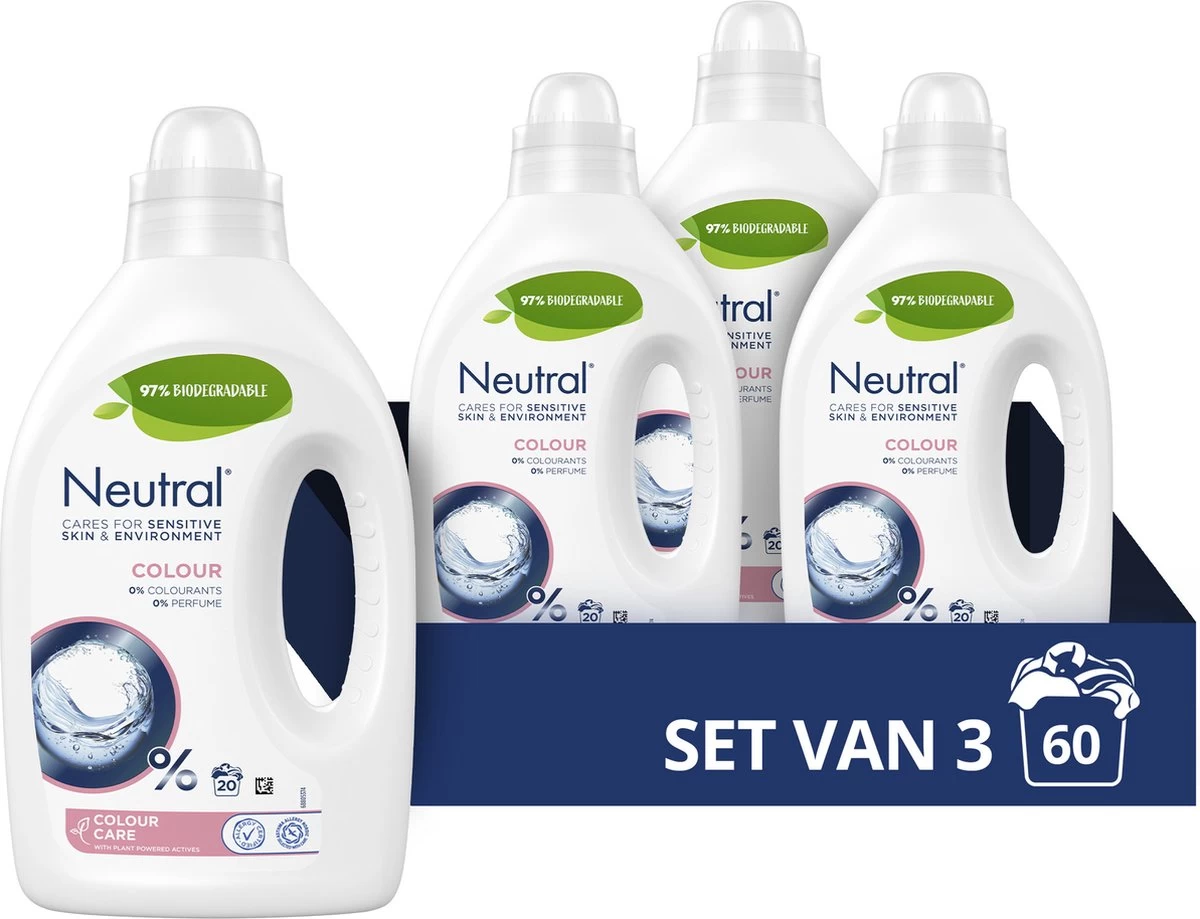 Neutral Kleur Vloeibaar Wasmiddel - 3 X 20 Wasbeurten - Voordeelverpakking