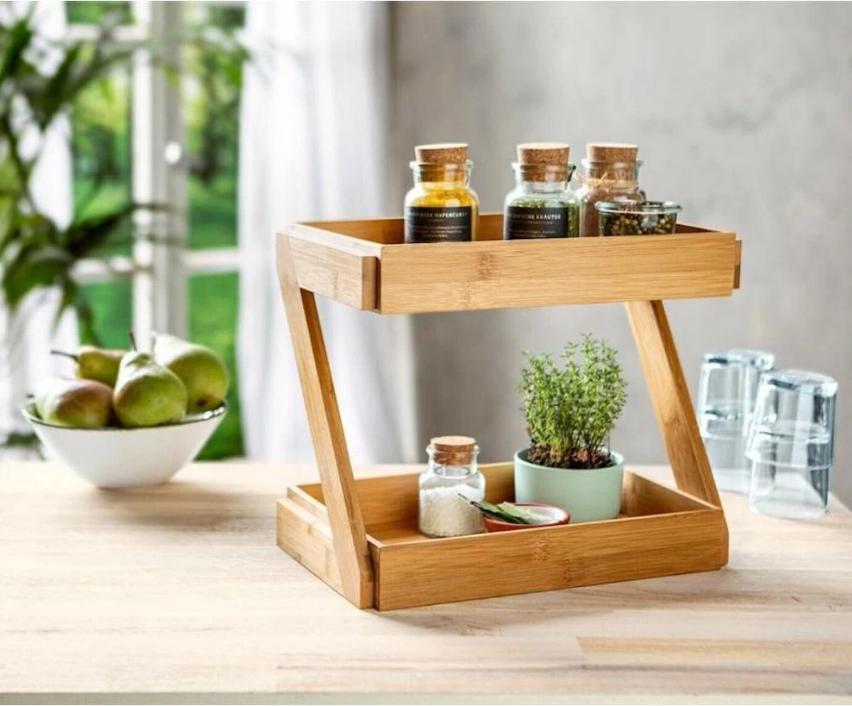 Merkloos Decopatent® 2 Laags Keuken Opbergrek - Staand Rek 2 Etages - Keukenrek - Bamboe Hout - Etagere Rek - Kruidenrek - Keuken Organizer