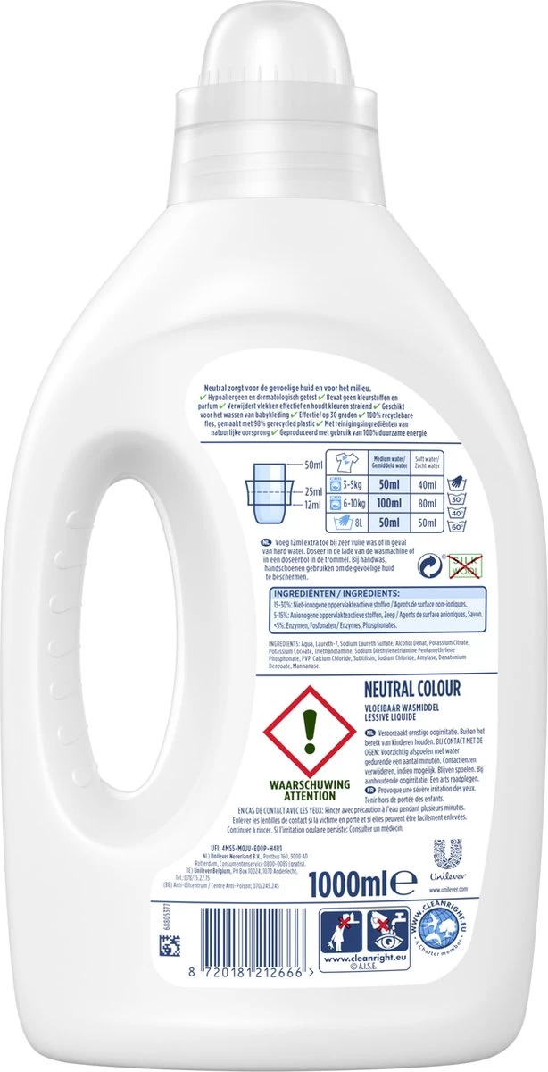 Neutral Kleur Vloeibaar Wasmiddel - 3 X 20 Wasbeurten - Voordeelverpakking - Afbeelding 3