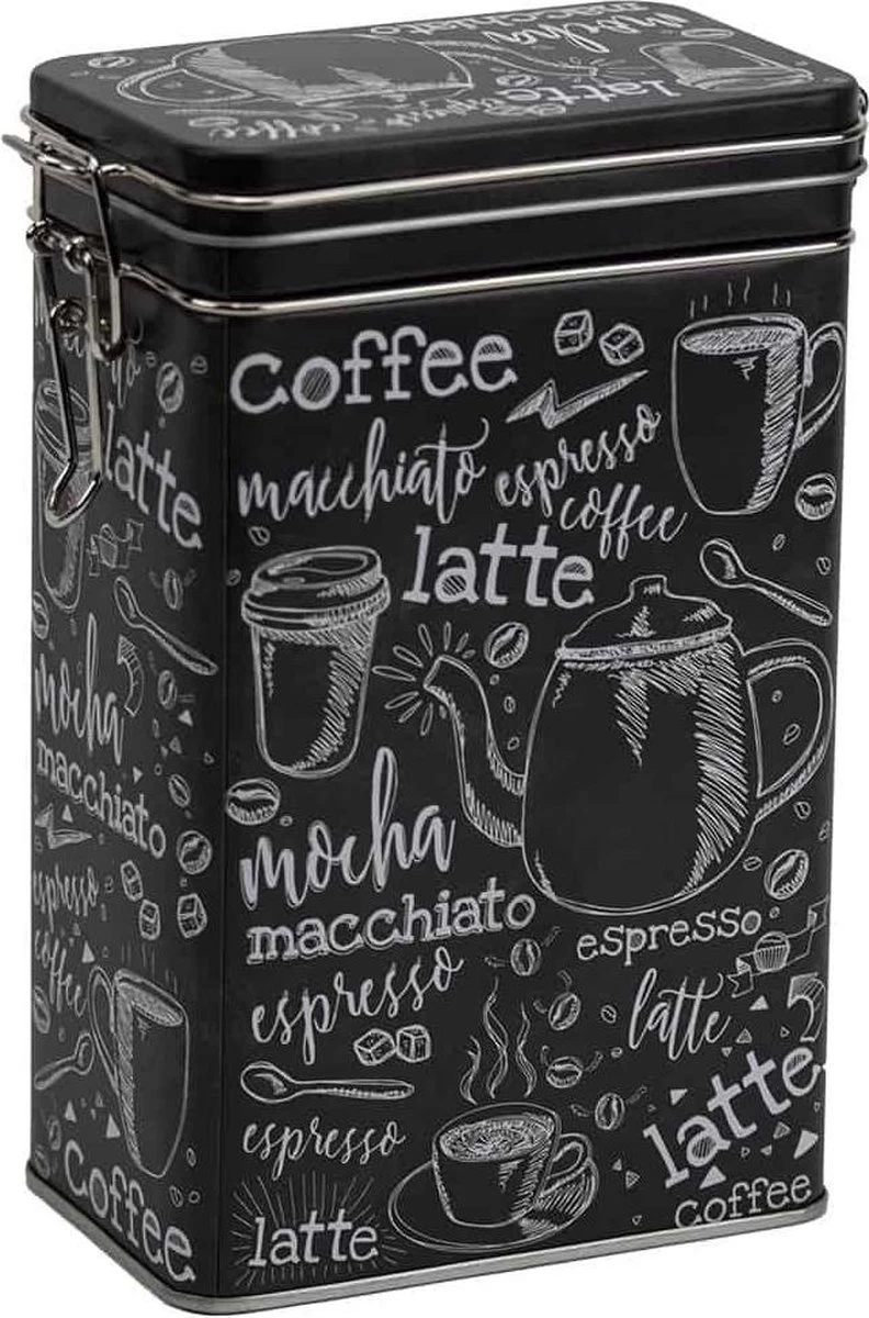 Merkloos Bewaarblik/theeblik/voorraadblik - Rechthoekig - Klipsluiting - Groot - Koffieprint