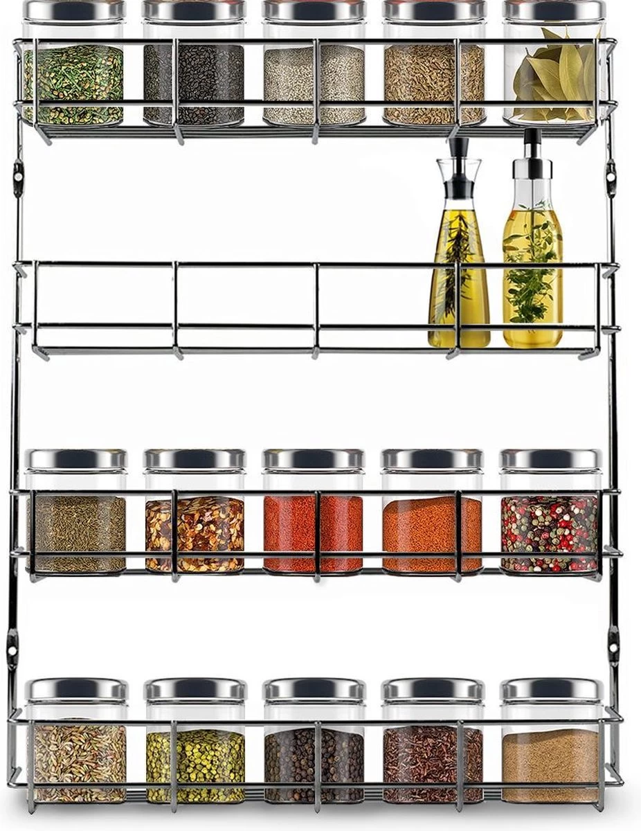 KitchenBrothers Ophangbaar Kruidenrek Voor 32 Kruidenpotjes - Spice Rack – Keuken Rek - Kruiden Organizer - Specerijen Opbergen - 4 Laags - 40 X 6.3 X 50 Cm - RVS