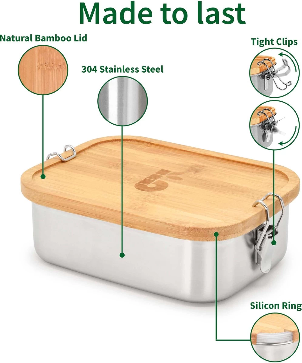 Bamboe Lunch Box 1400 Ml | Broodbox | Ecologisch | Roestvrijstalen Lunchbox | Bentobox No Leak | Smaakloos | Bamboe Grote Broodtrommel | Lunchbox Volwassenen | Lunchbox RVS Bamboe | Bambaw - Afbeelding 8